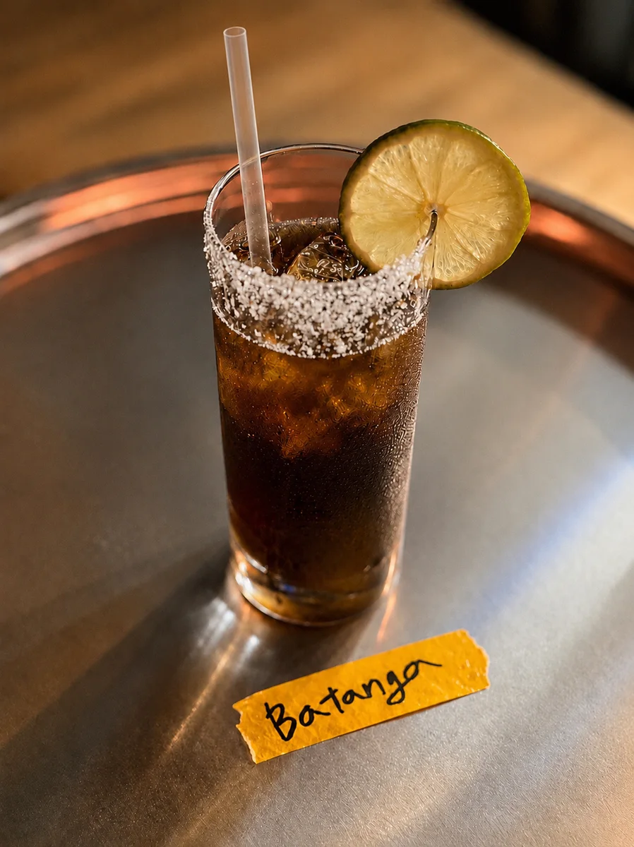Batanga highball with a salt rim and a lime wheel