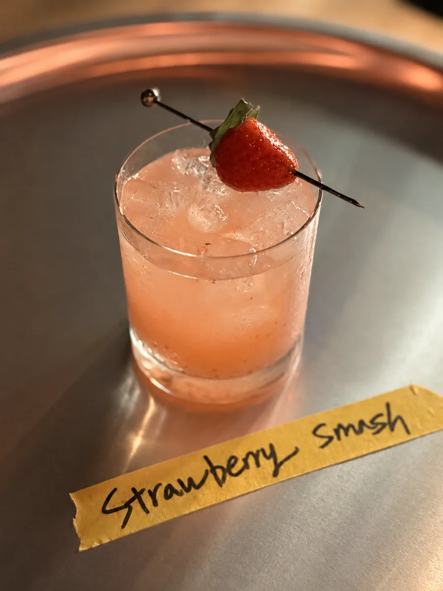 Strawberry Smash cocktail on a copper tray